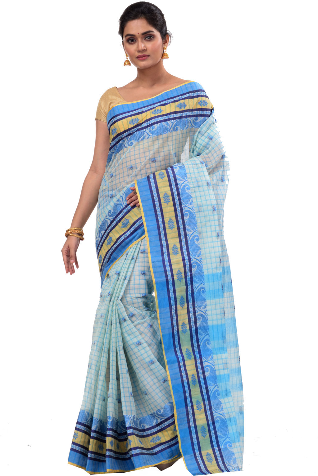 Off-White Pure Cotton ChakButi Tant Saree (128)